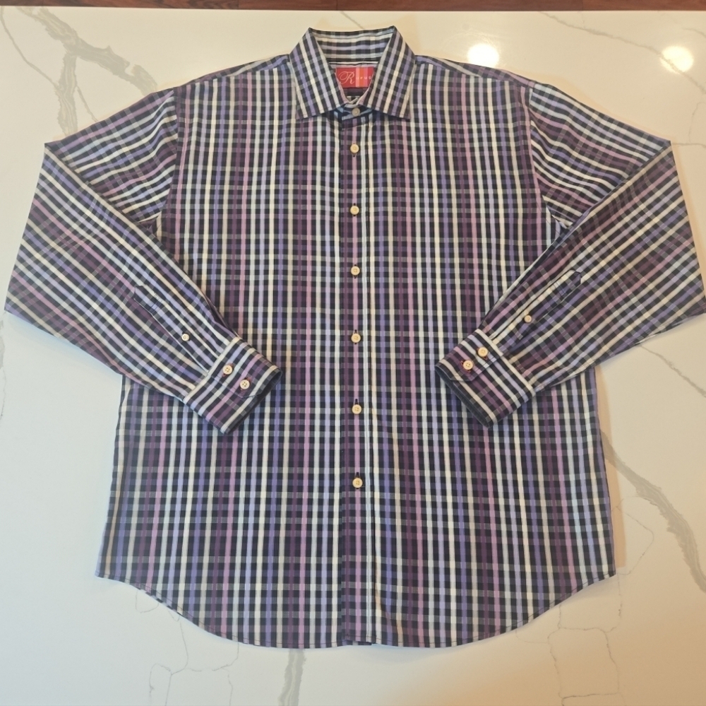RUFUS Mens Plaid Gingham Flip Cuff Button Down Shirt Purple Pink Size XL